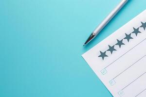 A sleek feedback form lays on a solid background, accompanied by a shiny pen, inviting users to share their thoughts thoughtfully. photo