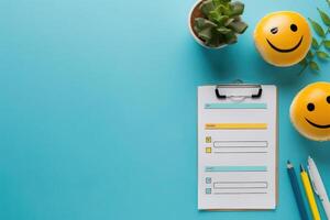A well-designed feedback form rests on a bright blue surface, accompanied by cheerful smiley balls, a potted plant, and colorful pens, inviting customer interaction. photo