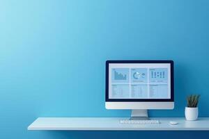 A sophisticated dashboard displaying analytics and charts sits on a minimalist desk against a calming blue wall. photo
