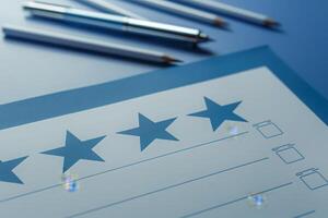 A neatly arranged feedback form featuring five stars and checkboxes sits on a smooth background, complemented by pens prepared for user input. photo