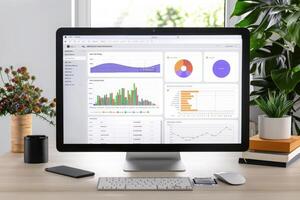 A sleek CRM dashboard displays colorful graphs and data visualizations, revealing insights in a bright workspace filled with plants and productivity tools. photo