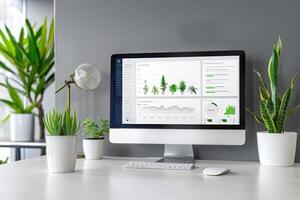A sleek dashboard displays customer data amidst lush indoor plants, creating a fresh and inviting workspace for productivity. photo