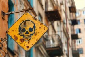 A rusty yellow danger sign featuring a skull looms in a neglected urban alley, contrasting with the dilapidated buildings surrounding it. photo