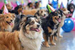 A joyful gathering of dogs in festive hats, surrounded by bright balloons, celebrating a birthday with excitement and playful energy. photo
