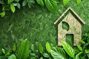 A sustainable home design blends harmoniously with rich green foliage, emphasizing a connection to nature. photo
