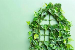 A creative eco-friendly home structure emerges from vibrant green ivy, blending nature with innovative design. photo