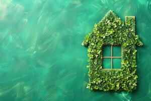 A creative representation of an eco-friendly house, adorned with vibrant greenery, showcasing sustainable design principles. photo