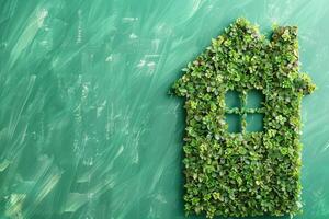 A charming house shape crafted from vibrant green plants is set against a smooth, solid background, symbolizing sustainable living and environmental harmony. photo
