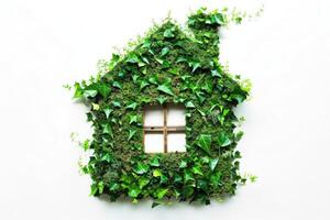 A creative house shape embellished with vibrant green plants, showcasing an artistic blend of nature and architecture. photo