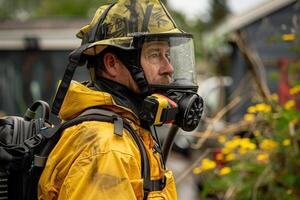 A technician dressed in protective gear stands ready for eco-friendly pest control, surrounded by lush flora and residential homes. photo