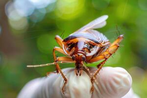 A technician carefully inspects a large cockroach while surrounded by vibrant greenery, showcasing effective pest control methods in action. photo
