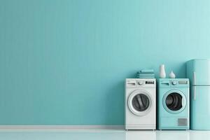 Two sleek energy efficient appliances stand in harmony on a fresh turquoise backdrop, complemented by neatly arranged towels and decorative items. photo