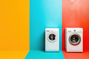 Two modern energy efficient washing machines stand against strikingly colored walls, showcasing a fusion of design and sustainability. photo