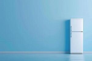 A sleek, energy-efficient refrigerator is positioned against a calming blue background, highlighting modern design and simplicity. photo