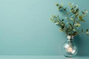 A light bulb is beautifully complemented by greenery in a stylish glass jar, promoting energy-saving tips with an artistic flair. photo