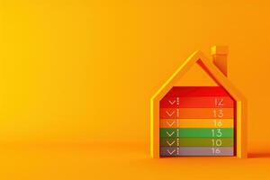 A colorful energy efficiency rating chart presented as a house shape, highlighting various performance levels against a bright yellow background. photo