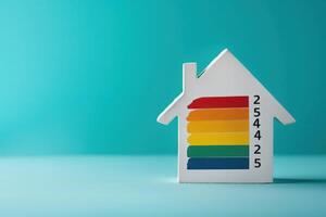 A vibrant representation of energy efficiency ratings features a house model with a colorful gradient scale against a bright backdrop, emphasizing sustainable living. photo