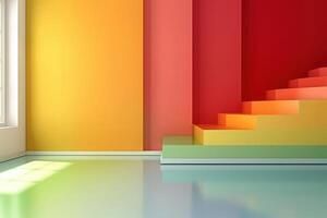 A vibrant interior features a color gradient wall and stairs, showcasing energy efficiency concepts in an artistic layout. photo