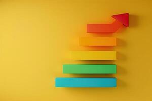 A visually appealing energy efficiency rating chart displays a gradient of colored blocks ascending towards a red arrow, set against a bright yellow backdrop. photo