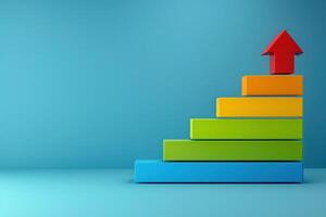 A colorful step chart highlights energy efficiency ratings, with an upward arrow symbolizing progress in eco-friendliness. photo