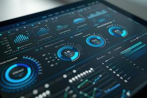 A sleek dashboard displays various analytics, graphs, and performance indicators, highlighting business insights and trends. photo
