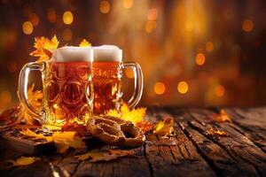 Two frothy beer mugs surrounded by colorful autumn leaves and a pretzel, capturing the spirit of Oktoberfest. photo