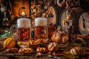 Two frothy beer mugs take center stage amidst autumn-themed delights, creating a spirited Oktoberfest atmosphere. photo