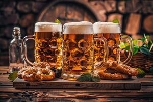 Three large mugs filled with golden beer are highlighted next to fresh pretzels, capturing the spirit of Oktoberfest festivities. photo