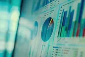 Vibrant graphs and charts illustrate financial trends, highlighting analysis in a modern workspace setting. photo