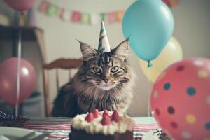 A playful cat wearing a party hat sits at a decorated table with a cake, surrounded by colorful balloons and festive decor. photo