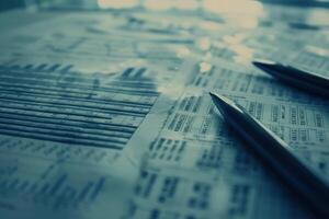 Detailed financial reports and graphs are arranged neatly on a clean surface with sleek pens, ready for analysis and discussion. photo