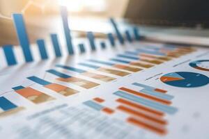 Colorful financial graphs and reports are laid out neatly on a clean surface, ready for analysis and decision-making. photo
