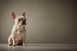 A delightful French Bulldog sits attentively on a polished floor, exuding charm and calm in a serene setting. photo