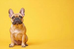 A delightful French Bulldog sits confidently on a clean surface, showcasing its charming expression against a cheerful yellow background. photo