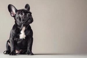 A delightful French Bulldog sits attentively, showcasing its playful demeanor against a minimalist backdrop. photo