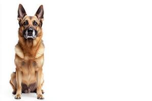 A beautiful German Shepherd sits attentively, showcasing its striking coat and alert expression in a pristine setting. photo