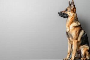 A striking German Shepherd sits poised and alert against a simple, clean background, exuding elegance and strength. photo