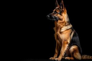 A stunning German Shepherd sits attentively, showcasing its striking coat and alert expression in a dark setting. photo