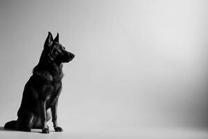 A regal German Shepherd sits elegantly on a clean surface, showcasing its striking profile and attentive demeanor. photo