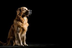 A golden retriever sits gracefully, gazing into the distance with a regal demeanor, highlighted by dramatic lighting. photo