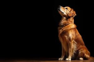 A golden retriever sits gracefully, gazing upward with a curious expression, its fur gleaming softly in the dim light. photo