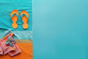 Vibrant flip flops rest atop a cozy beach towel, creating a cheerful atmosphere perfect for sunny days by the ocean. photo