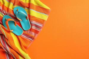 Brightly colored flip flops lie atop a striped beach towel, inviting relaxation and fun under the sun. photo