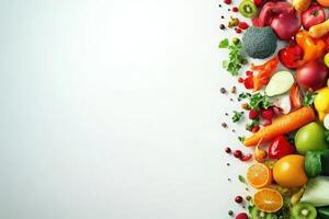 A vibrant array of colorful fruits and vegetables is artistically displayed, showcasing freshness and health. photo
