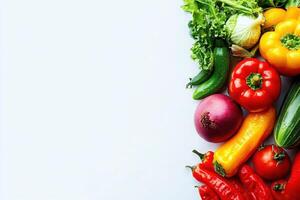 A vibrant assortment of fresh vegetables and fruits displayed beautifully, showcasing their rich colors and textures. photo