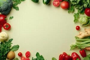 A colorful assortment of fresh vegetables and fruits is beautifully arranged, showcasing natural textures and colors on a clean background. photo