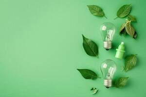 Light bulbs intertwined with fresh leaves represent eco-friendly innovations, showcasing harmony between nature and technology. photo
