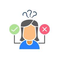 Icon illustration of Woman confused with yes or no decision. Concept of choice, doubt and thinking, isolated on white background. vector