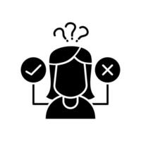 Icon illustration of Woman confused with yes or no decision. Concept of choice, doubt and thinking, isolated on white background. vector
