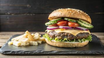 Beef Burger With Cheese, Tomatoes, Red Onions, Cucumber and Lettuce photo